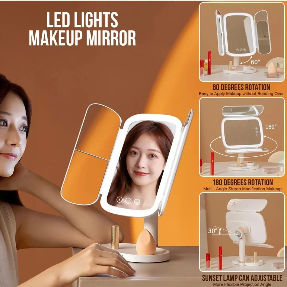 Folding Lighted Makeup Vanity Mirror/ Sunset Lamp, 1x 2X 3X Touch Control